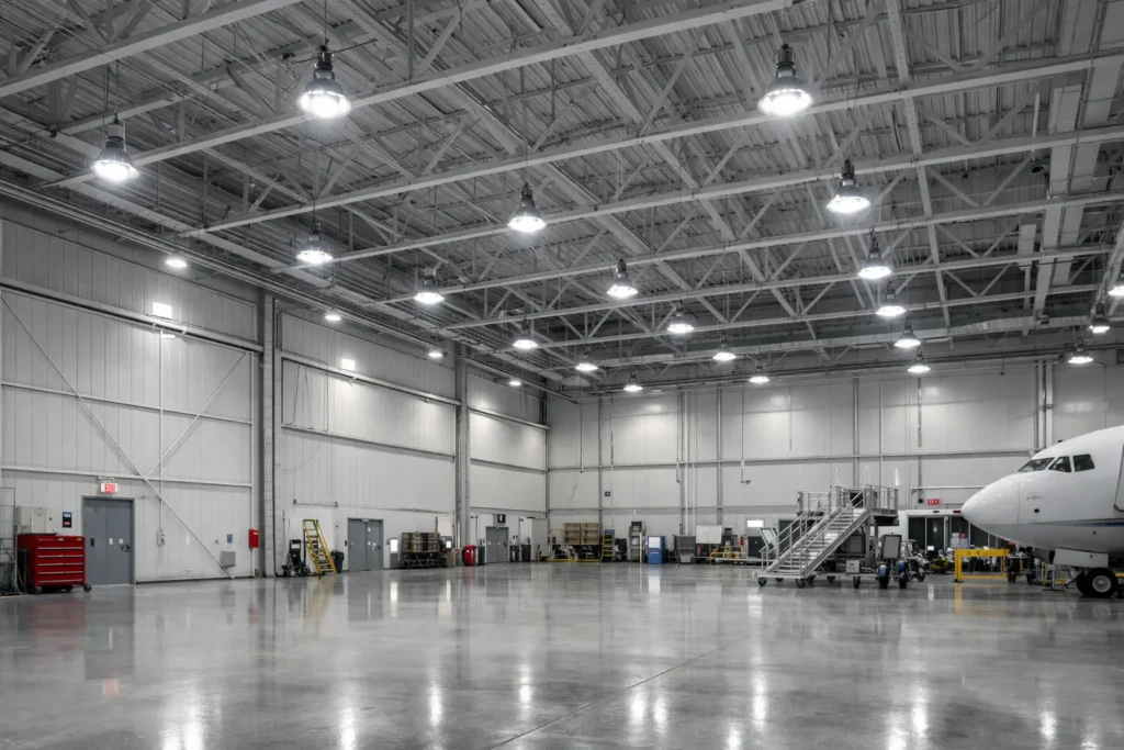 High bay LED lighting installed in an aircraft hangar for maintenance and operations