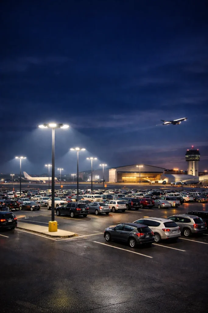 Large airport parking lot illuminated by bright LED lighting at dusk with airplanes and terminal in the background