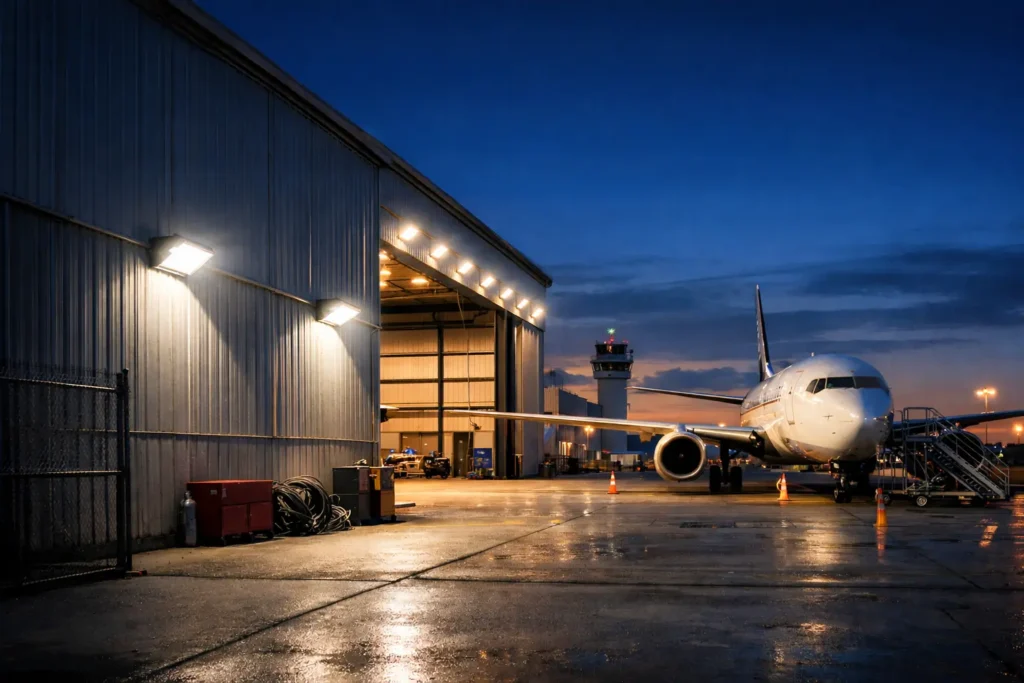 Aircraft hangar exterior illuminated by LED wall pack lighting at dusk, providing bright, targeted illumination across aviation operational areas