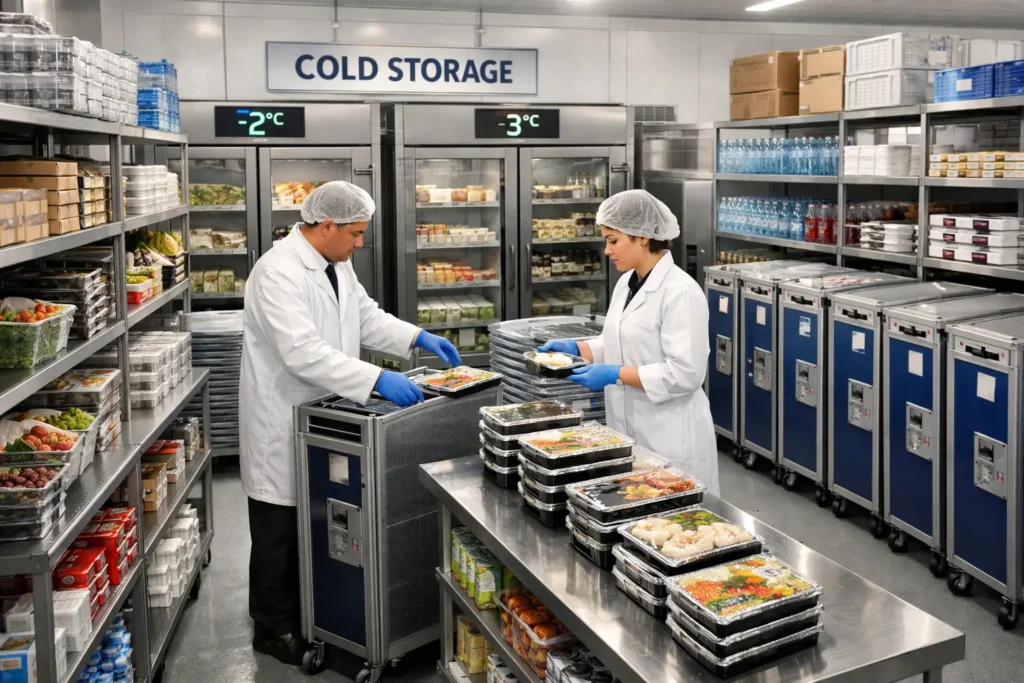 Ultra-clean airline catering cold storage facility with stainless steel shelves, organized meal trays, refrigeration units displaying sub-zero temperatures, and workers in protective uniforms preparing food under bright industrial LED lighting.