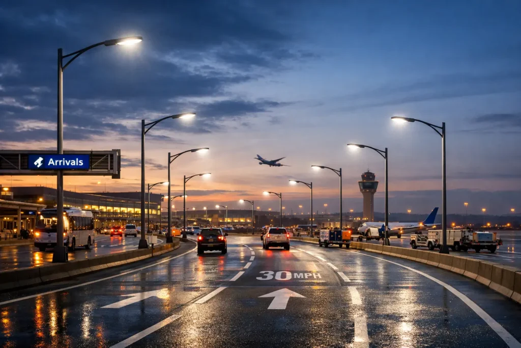 Airport roadway illuminated by uniform LED lighting during wet conditions, ensuring safe visibility for drivers, service vehicles, and ground operations at dusk.