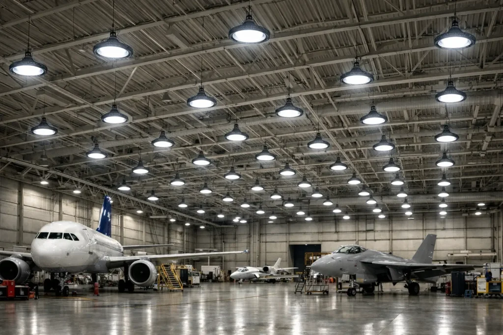 Aircraft hangar interior illuminated by LED UFO high bay lighting fixtures, with commercial and military aircraft on a polished concrete floor under bright industrial ceiling lights.