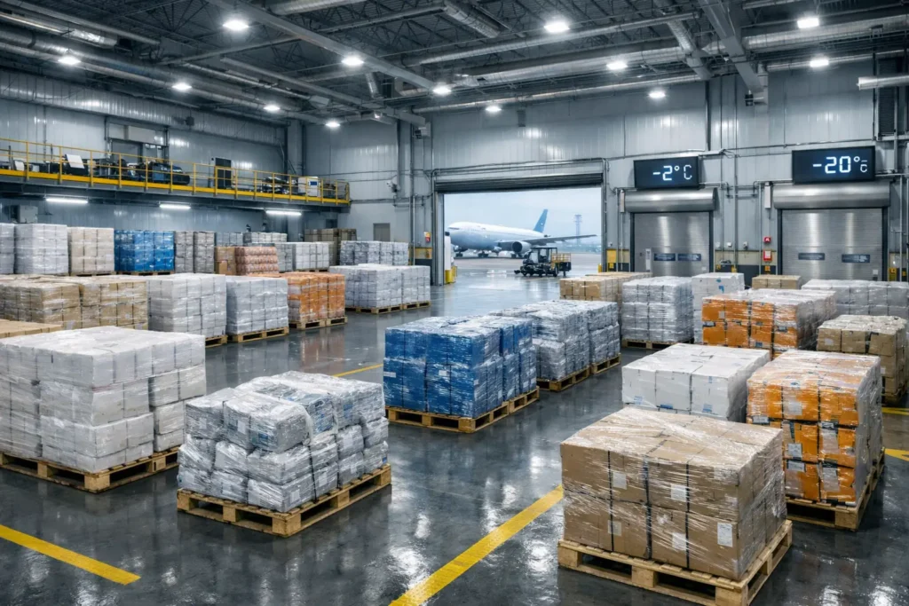 Large airport cold storage warehouse with rows of palletized cargo, high ceilings, and an open loading bay with a cargo aircraft visible outside.